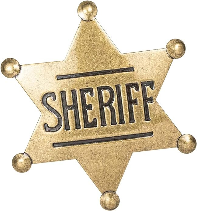 "Collection of various sheriff badges displayed against a textured background, showcasing different designs and finishes, including stars, shields, and emblematic details that represent law enforcement authority."