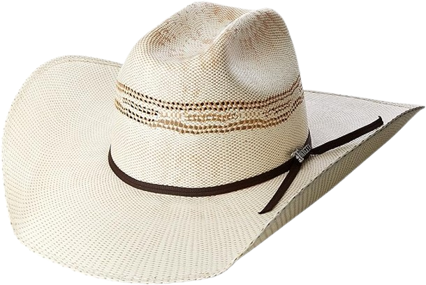 White cowboy hat displayed against a neutral background, featuring a wide brim and a decorative band around the crown