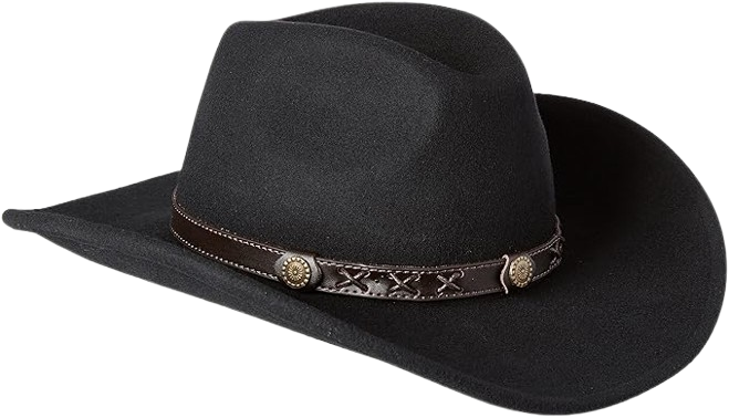 Black cowboy hat with a wide brim, featuring a decorative band and a classic design, placed on a rustic wooden backgroun