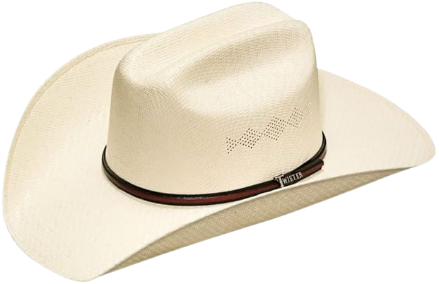 A white cowboy hat placed on a wooden surface, showcasing its wide brim and tall crown, with subtle stitching details