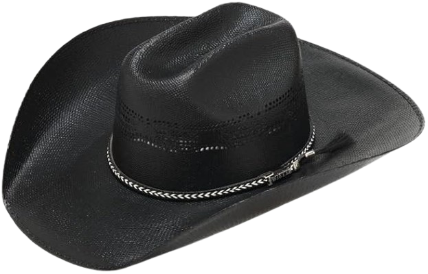 A classic black cowboy hat with a wide brim and a decorative band, resting on a wooden surface