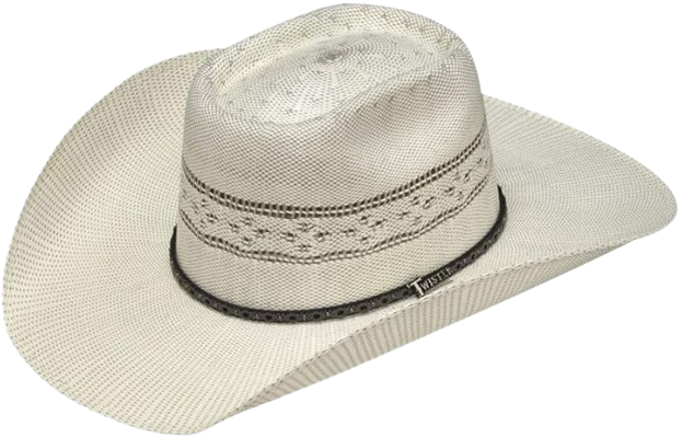 A stylish white cowboy hat resting on a wooden surface, showcasing its wide brim and classic design