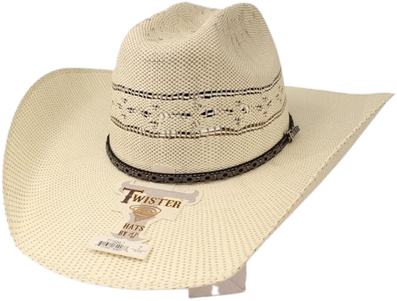 White cowboy hat with a wide brim and a decorative band, set against a neutral background