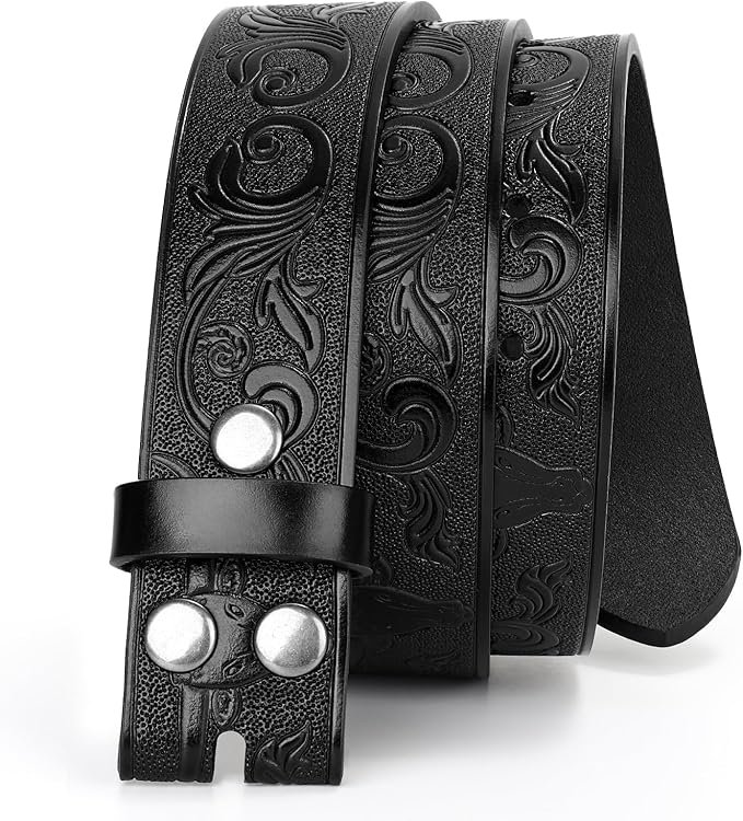 A Western-style belt strap made of rich brown leather, featuring intricate tooling and a silver buckle. The strap displays a classic design with decorative patterns, showcasing the craftsmanship and rustic charm typical of Western accessorie